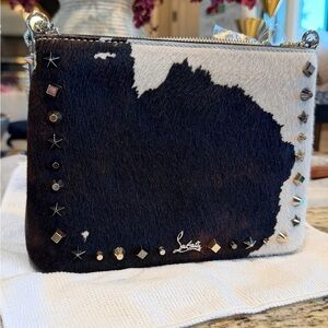 CHRISTIAN LOUBOUTIN Studded Triloubi Brown White Pony Hair Chain Shoulder Bag